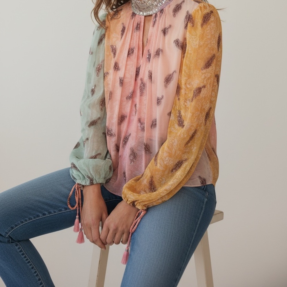 New Verb  Ombré by Pallavi Singhee Shimmer Peasant Blouse xs sequin feather